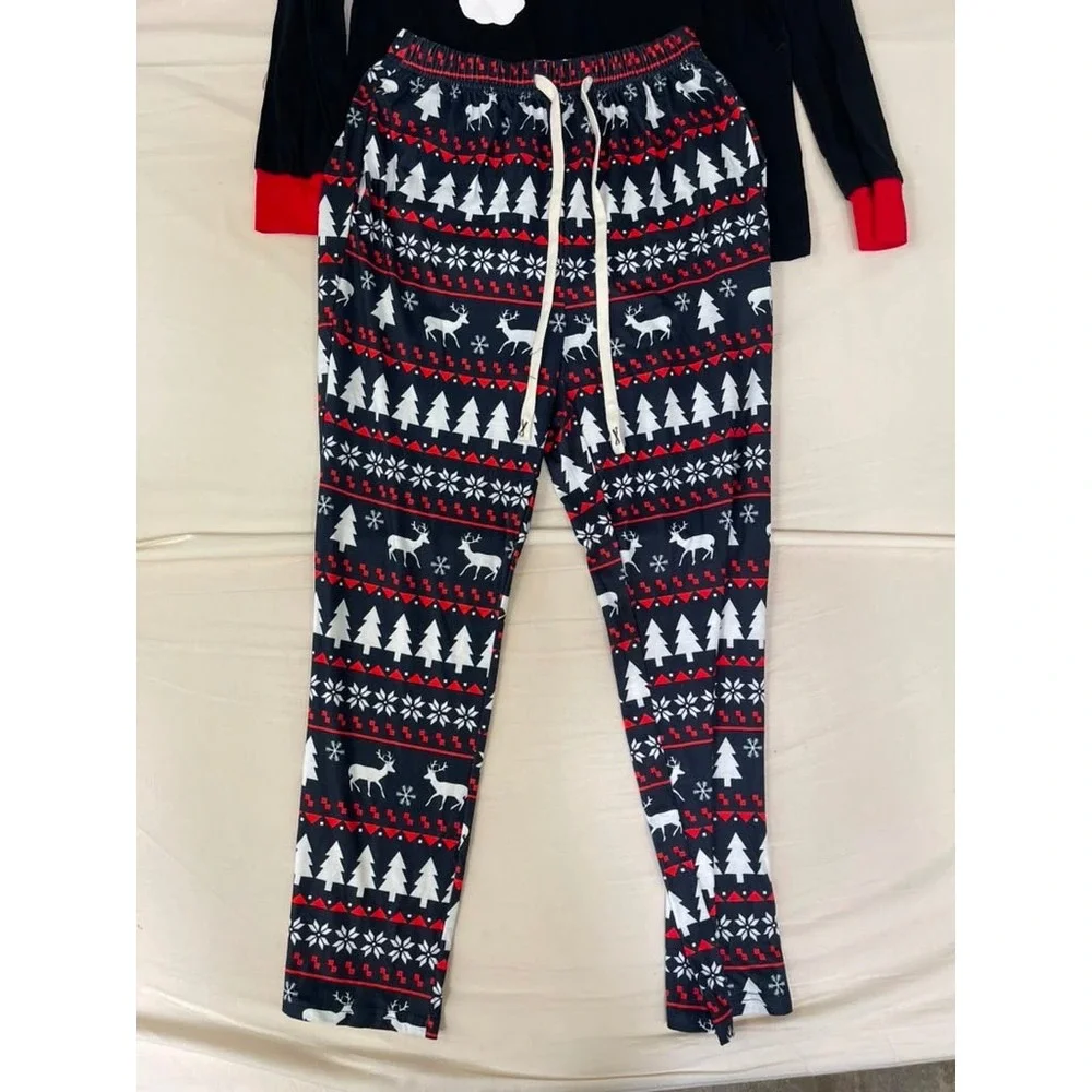 IFFEI Womens Christmas Pajama Set Santa Hat Top Fair Isle Reindeer Pants Small